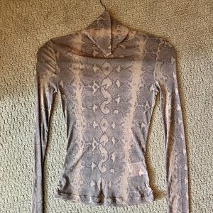 Beige Snake Skin Long Sleeve Sheer Turtleneck Blouse or Evening Top, XS/S, KSUBI